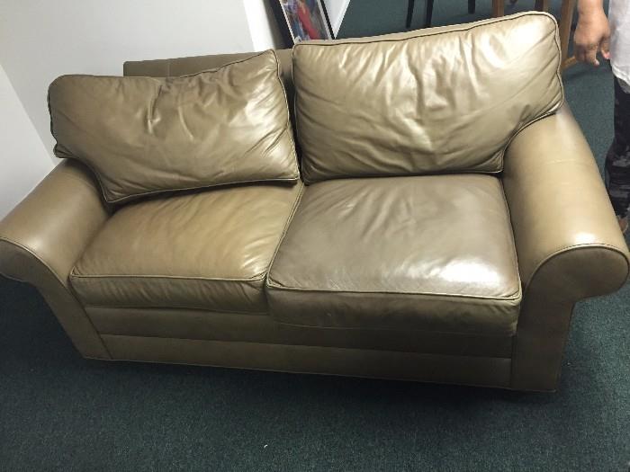 TAUPE LEATHER ETHAN ALLEN LOVESEAT 