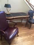 GORGEOUS LOUIS XV ORNATE BRASS MAHOGANY AND LEATHER DESK AND CHAIR