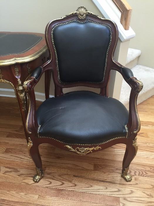LOUIS XV BLACK LEATHER MAHOGANY AND ORNATE BRASS DESIGNS FRENCH CHAIR