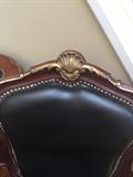 LOUIS XV BLACK LEATHER MAHOGANY AND ORNATE BRASS DESIGNS FRENCH CHAIR