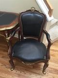LOUIS XV BLACK LEATHER MAHOGANY AND ORNATE BRASS DESIGNS FRENCH CHAIR