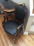 LOUIS XV BLACK LEATHER MAHOGANY AND ORNATE BRASS DESIGNS FRENCH CHAIR