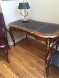 GORGEOUS LOUIS XV ORNATE BRASS MAHOGANY AND LEATHER DESK AND CHAIR