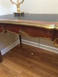GORGEOUS LOUIS XV ORNATE BRASS MAHOGANY AND LEATHER DESK AND CHAIR