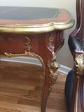 GORGEOUS LOUIS XV ORNATE BRASS MAHOGANY AND LEATHER DESK AND CHAIR
