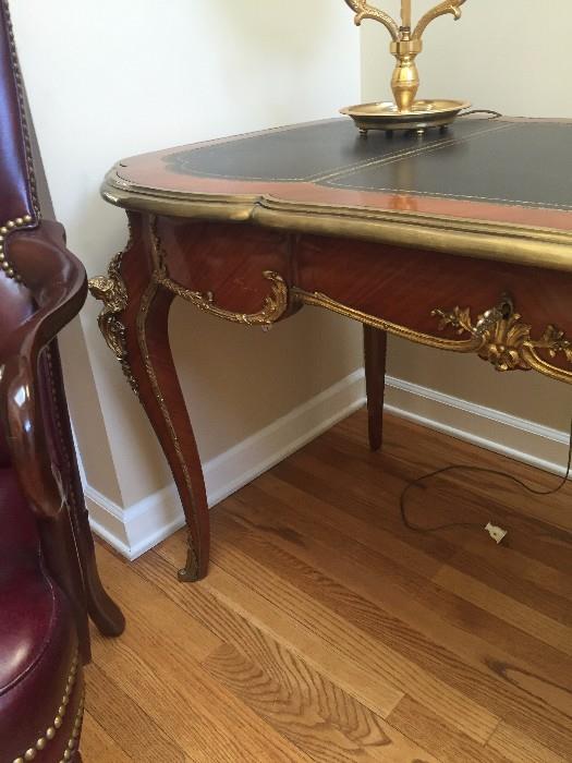 GORGEOUS LOUIS XV ORNATE BRASS MAHOGANY AND LEATHER  DESK AND CHAIR