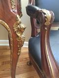 GORGEOUS LOUIS XV ORNATE BRASS MAHOGANY AND LEATHER DESK AND CHAIR