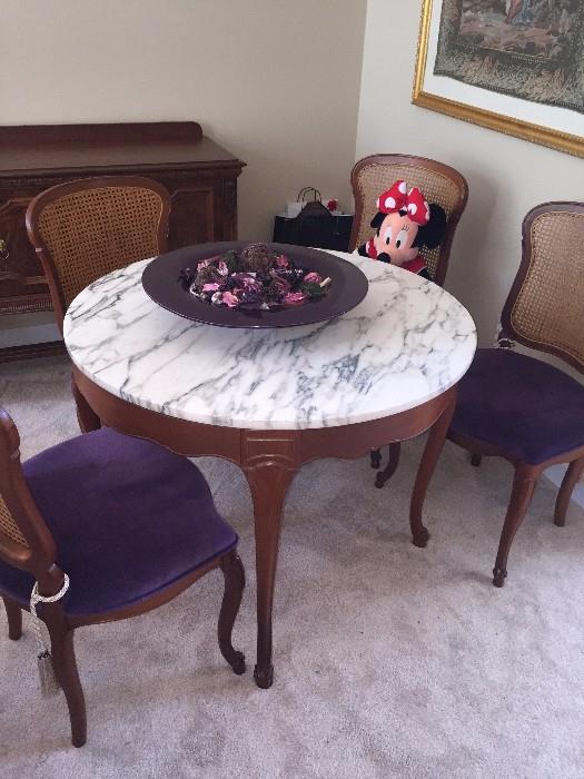 ROUND MARBLE GAME TABLE WITH PURPLE REUPHOLSTERED CHAIRS