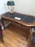 GORGEOUS LOUIS XV ORNATE BRASS MAHOGANY AND LEATHER DESK AND CHAIR