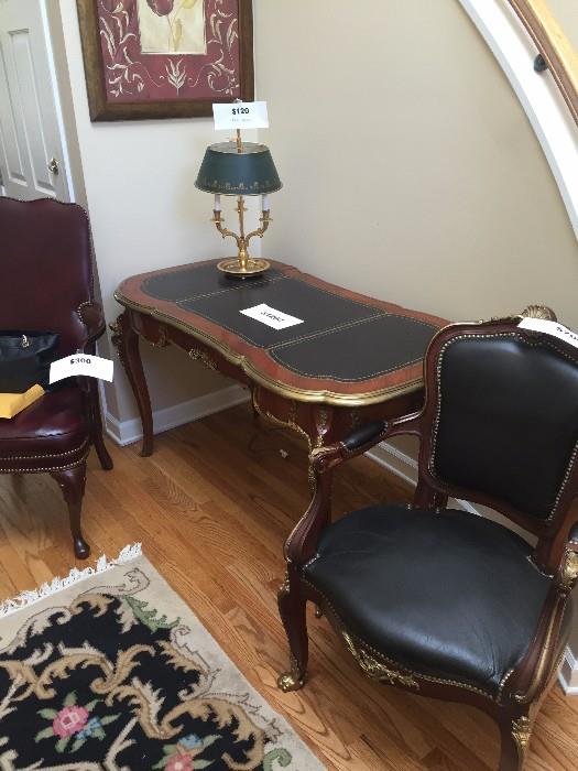 GORGEOUS LOUIS XV ORNATE BRASS MAHOGANY AND LEATHER  DESK AND CHAIR