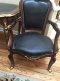 LOUIS XV BLACK LEATHER MAHOGANY AND ORNATE BRASS DESIGNS FRENCH CHAIR