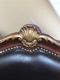 LOUIS XV BLACK LEATHER MAHOGANY AND ORNATE BRASS DESIGNS FRENCH CHAIR