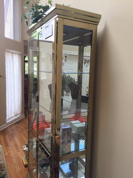 TALL BRASS AND GLASS CHINA CABINET