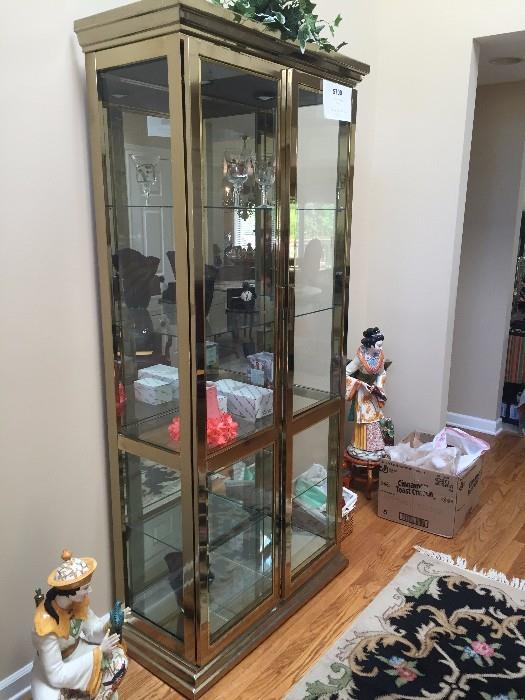 TALL BRASS AND GLASS CHINA CABINET