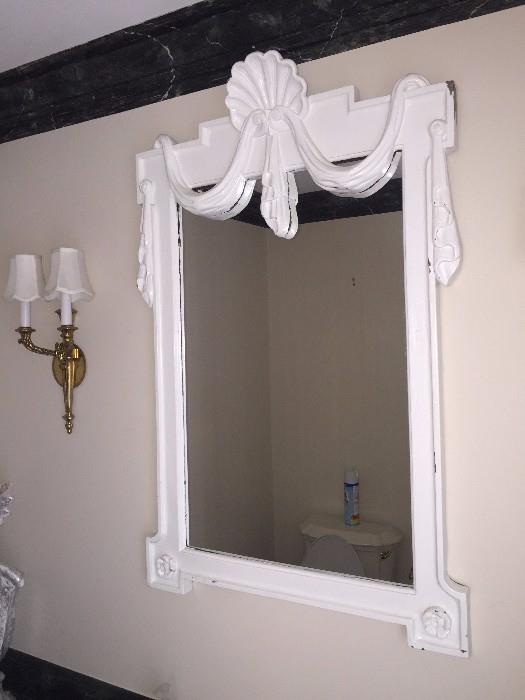 ANTIQUE QUEEN ANNE DISTRESSED WHITE PAINTED MIRROR