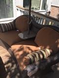 CHOCOLATE RATTAN CUSHIONED LOVE-SEAT WITH UMBRELLA