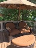 CHOCOLATE RATTAN CUSHIONED LOVE-SEAT WITH UMBRELLA