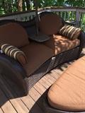 CHOCOLATE RATTAN CUSHIONED LOVE-SEAT WITH UMBRELLA