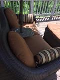 CHOCOLATE RATTAN CUSHIONED LOVE-SEAT WITH UMBRELLA