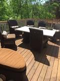 CHOCOLATE RATTAN CUSHIONED CHAIRS AND STONE TOP LONG PATIO TABLE