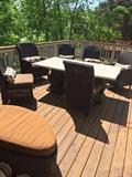 CHOCOLATE RATTAN CUSHIONED CHAIRS AND STONE TOP LONG PATIO TABLE