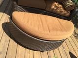 CHOCOLATE RATTAN CUSHIONED LOVE-SEAT WITH UMBRELLA AND OTTOMAN