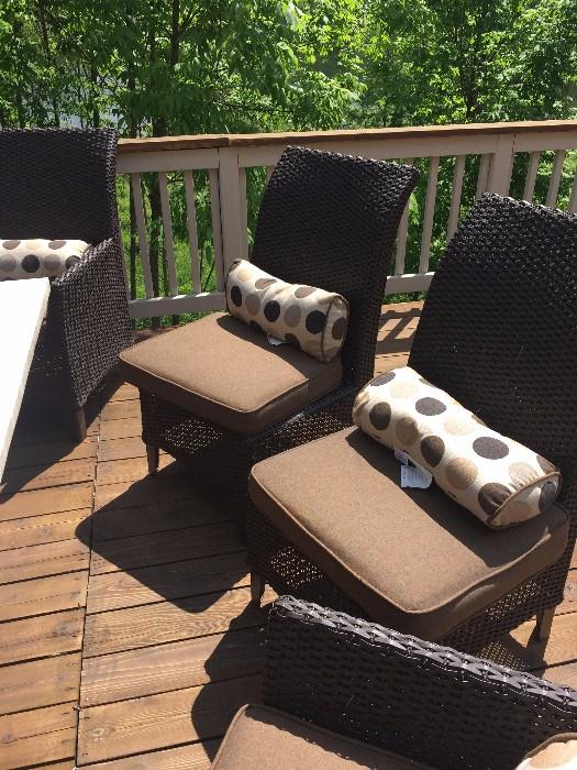 CHOCOLATE RATTAN CUSHIONED CHAIRS AND STONE TOP LONG PATIO TABLE