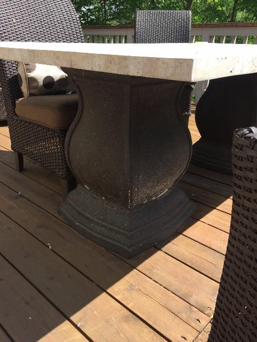 CHOCOLATE RATTAN CUSHIONED CHAIRS AND STONE TOP LONG PATIO TABLE