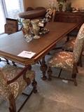 ANTIQUE HAND-CARVED FULLY RESTORED LONG TABLE WITH LEAVES AND REUPHOLSTERED CHAIRS