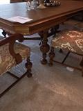 ANTIQUE HAND-CARVED FULLY RESTORED LONG TABLE WITH LEAVES AND REUPHOLSTERED CHAIRS