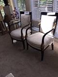 ASIAN MOTIF FISH BLACK AND IVORY UPHOLSTERED CHAIRS