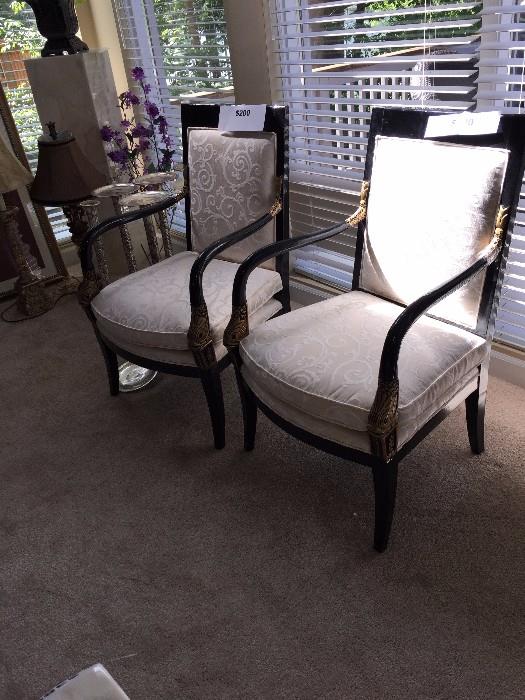 ASIAN MOTIF FISH BLACK AND IVORY  UPHOLSTERED CHAIRS