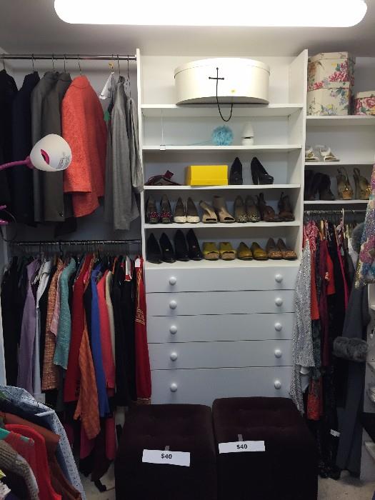 WOMENS CLOSET FILLED WITH CLOTHING AND SHOES