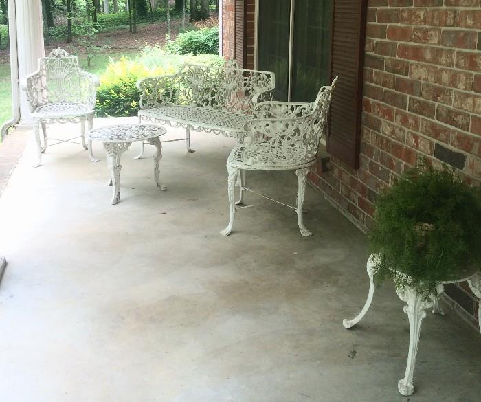 Lovely antique five-piece white wrought-iron patio set 