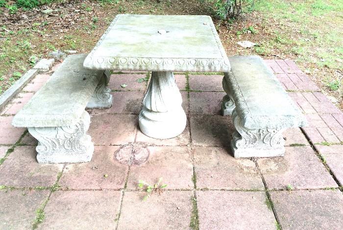 Perfectly preserved and patina-ed concrete picnic table with matching benchest