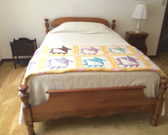 Maple bedstead with another hand-sewn vintage quilt and another gorgeous vintage coverlet