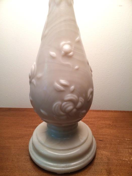 Pink milk-glass lamp with flower motif