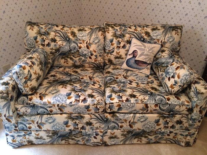 Darling puffy love seat with perfect blue bird raised upholstery