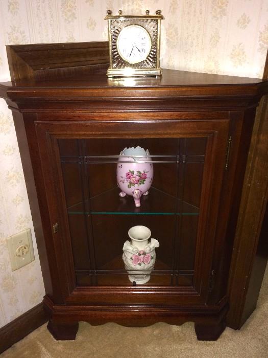Darling small corner antique lighted curio with etched-glass inset on door