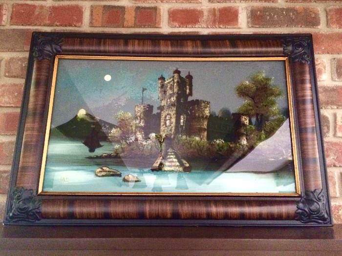 Reverse painting of moolit castle in gorgeous antique frame