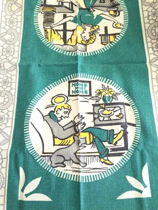 Vintage kitchen towel--he's watching TV, she's making dinner
