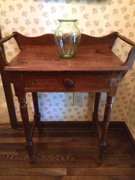 Antique wash stand with handles; etched depression-glass vase