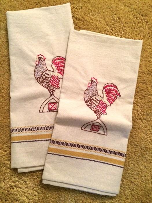 Embroidered roosters on linen dish towels, never used