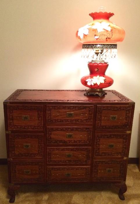 Carved Asian side chest with one of two antique GWTW converted lamps