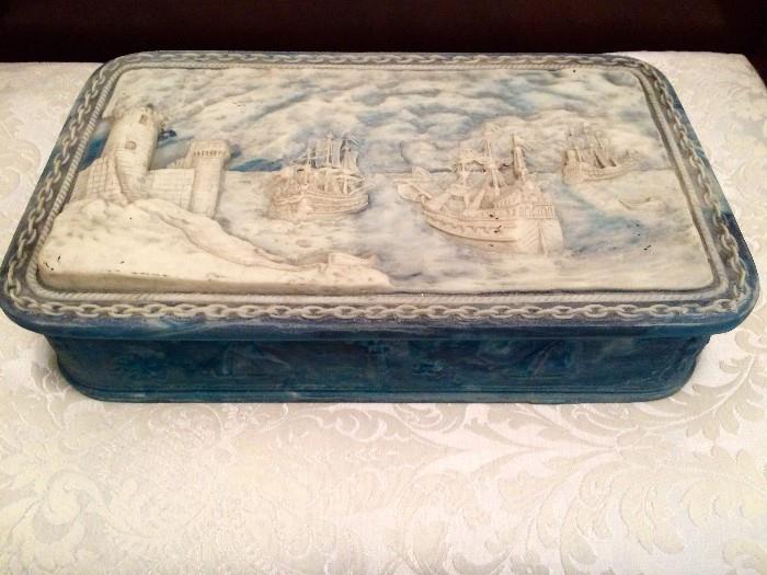 Gorgeous Incolay stone jewelry/keepsake box in excellent condition, with ships/castle scene