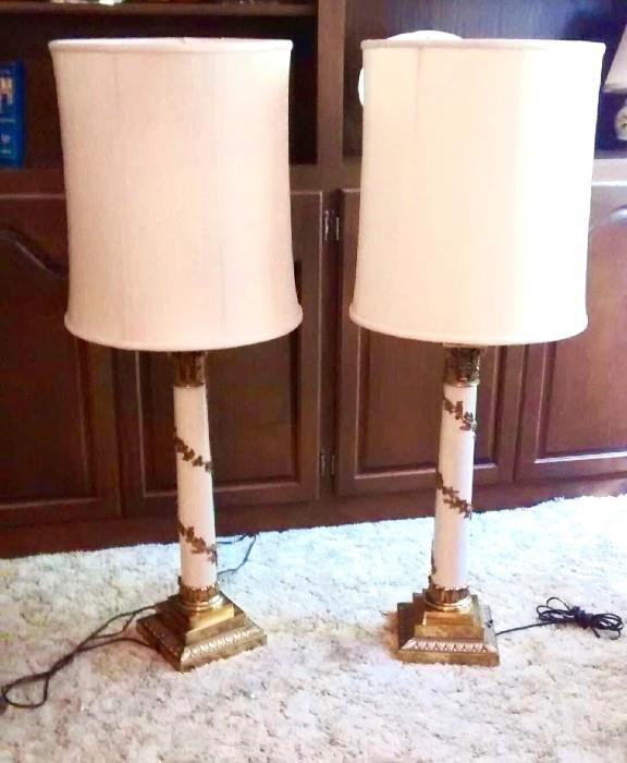 Stiffel lamps in perfect condition with original glass shades beneath cloth shades