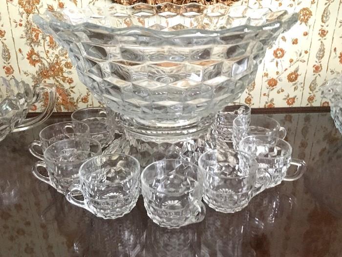 Gorgeous Fostoria American punch bowl, pedestal, and cups