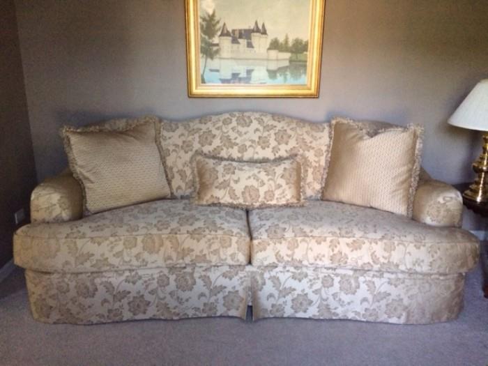 Pretty Gold Damask Sofa with matching pillows