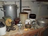 Crocks, Aluminum Stock Pot, Antique Apple Peeler, Meat Grinders, Vintage Ashtrays, American Family Vintage Scale, Wagner Ware Roaster & much more!!