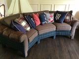 Sofa with custom upholstery, brown herring bone check cushions, green plaid, leather arms (~112"L x 36"D x 33"H) decorative pillows